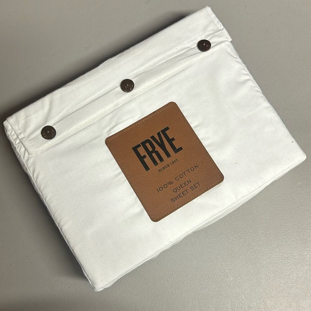 Frye Queen Sheet 4 Pc Set Flat Fitted Pillowcase White 100% Cotton Brand New